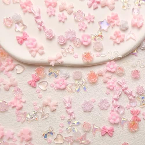 100 Pcs 3D Nail Charms Pink Nail Charms Flower Nail Art Charms Mixed Shape