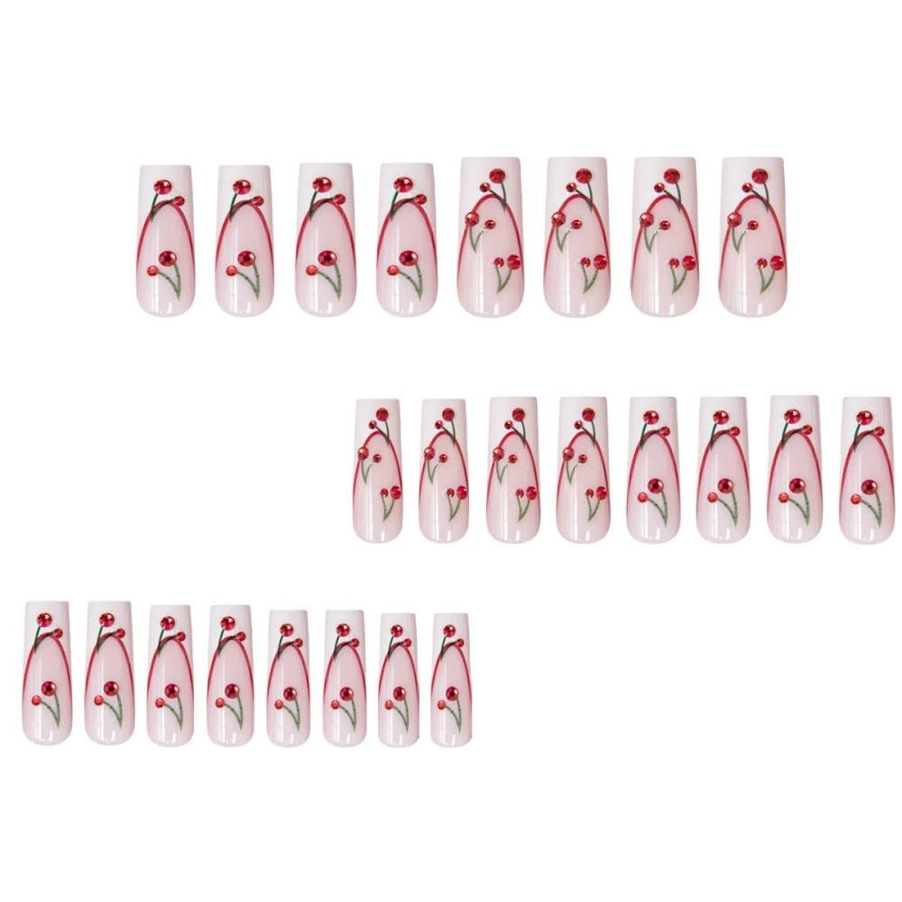 White French Tips Press on Nails Cherry Press on Toenails Long Square Stick o…