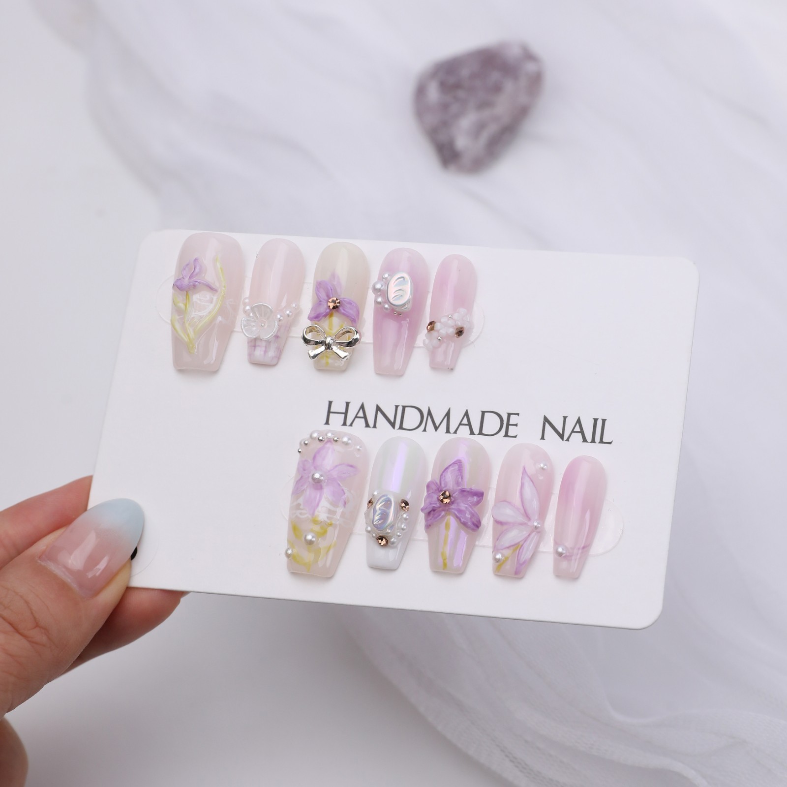 Handmade Pink Purple Lily Press On Nails Medium Coffin Pearl Bow Fairy Elegant