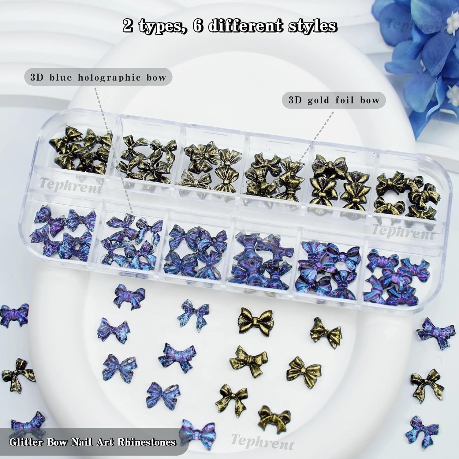 Gothic Nail Charms: 5 Boxes 12 Grids Black Bow Flower Gems for Acrylics
