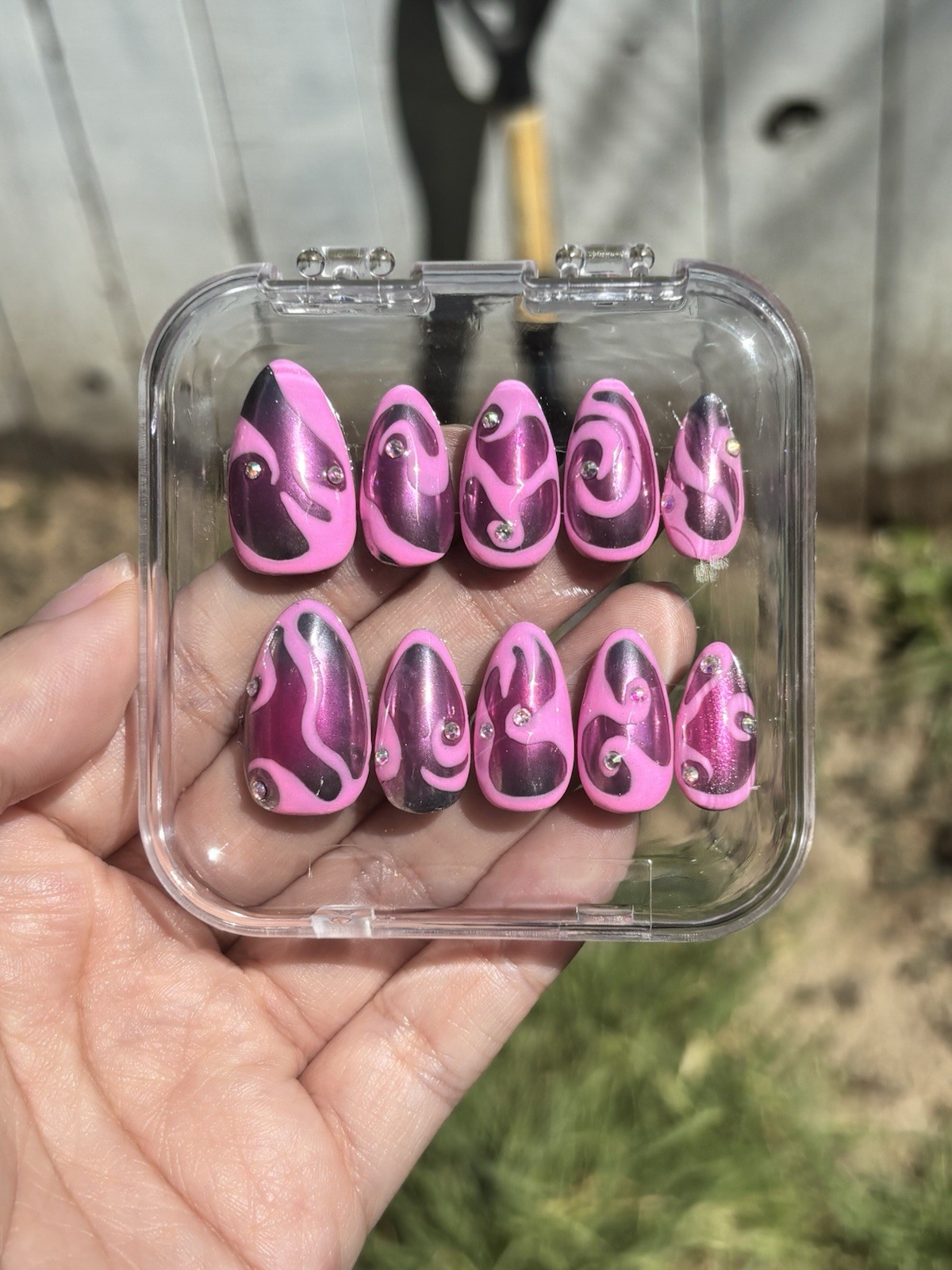 Pink Black White Abstract Swirl Almond Long Press-On Nails Glossy Full Cover