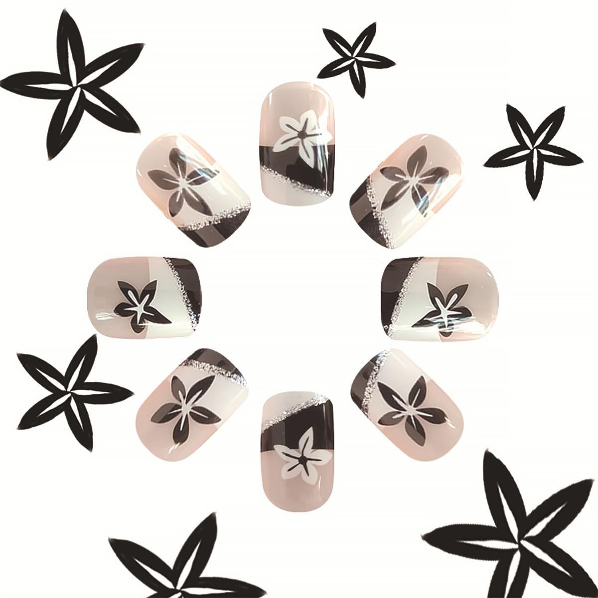24Pcs French Tip Press on Nails Short Square Fake Nails with Black White Desi…