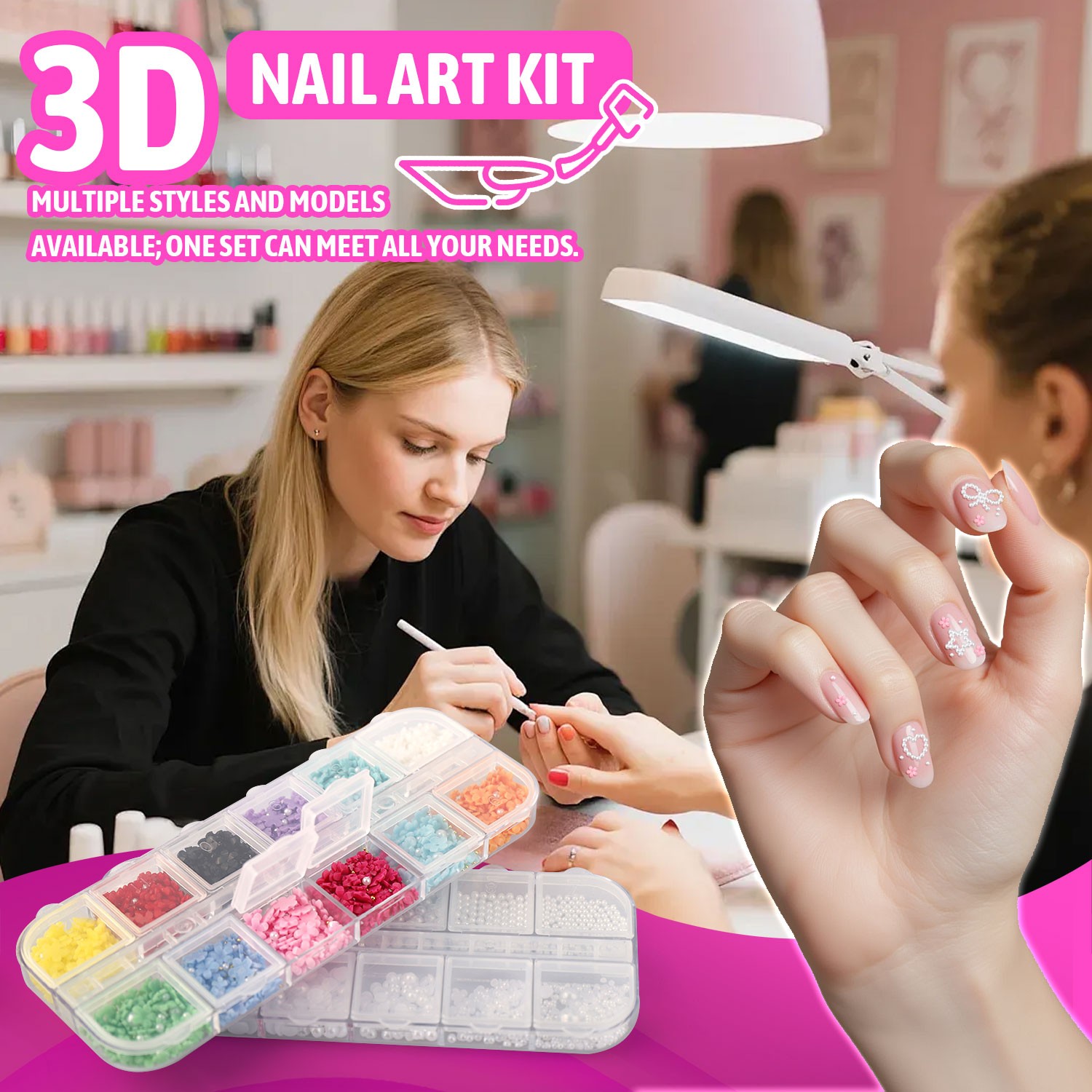 11 Boxes Nail Charms Set 3D Flowers, Gems, Pearls & Rhinestones DIY With tweezer
