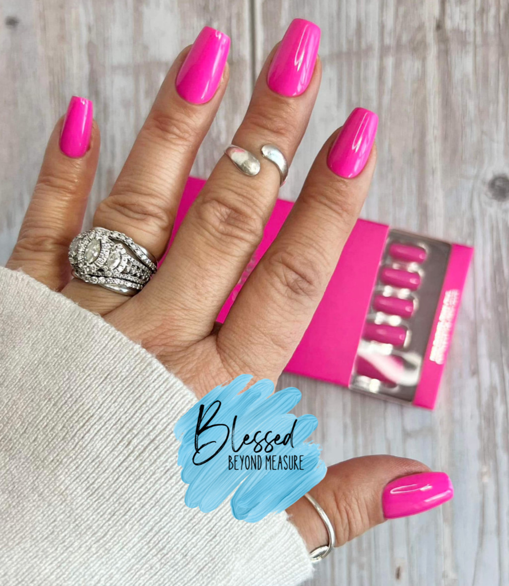 Red Aspen Press On Nails-HALLIE PICKS PEONIES -Medium -Coffin ~Pink-Shiny