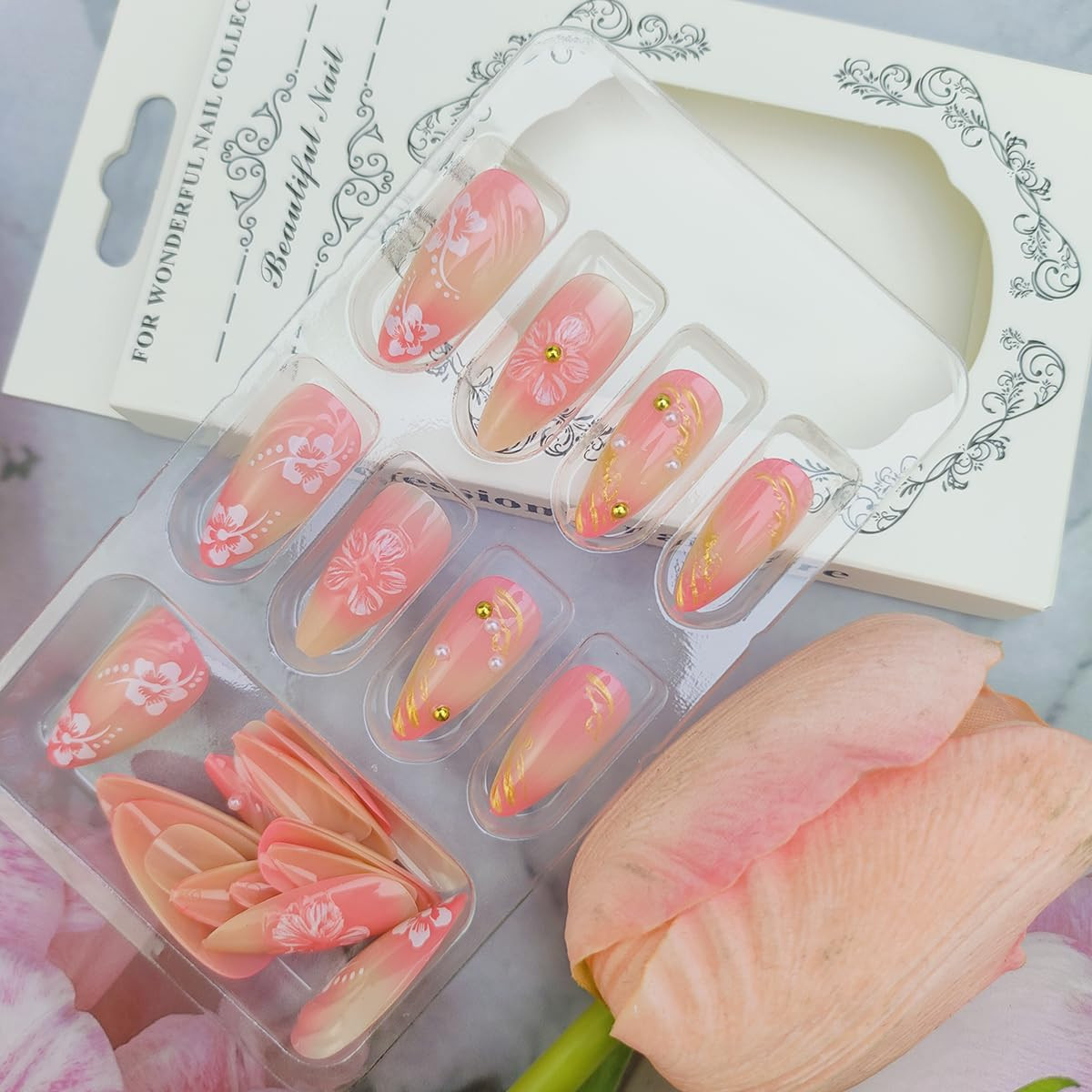 24Pcs 3D Flower Press on Nails Medium Almond Fake Nails with Pearl Rhinestones D