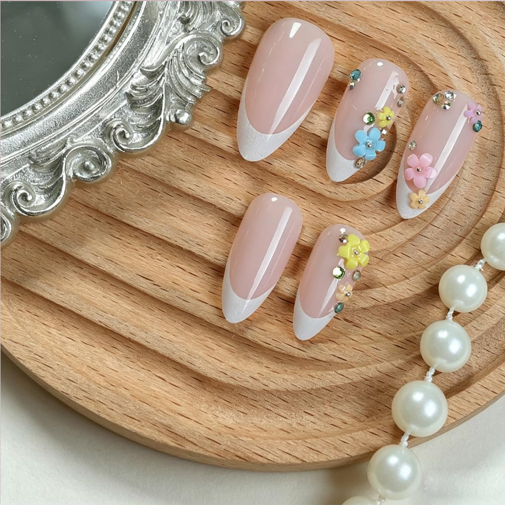 Medium Almond Press on Nails – White French Tip, Acrylic Fake Nails with 3D Flow