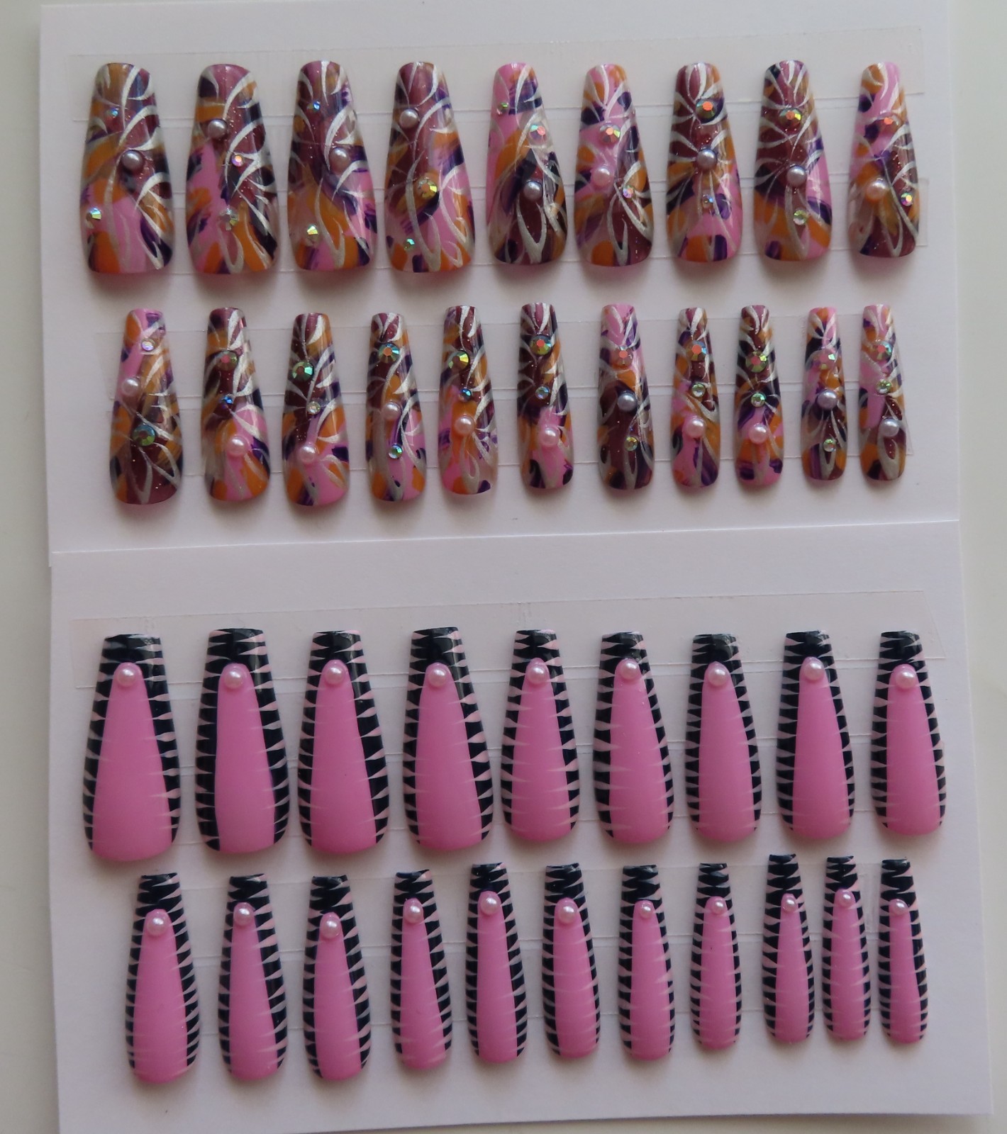 (2) Set Pink Blue French Pearl Tip | Pink Pearl Abstract Coffin Press-On Nail