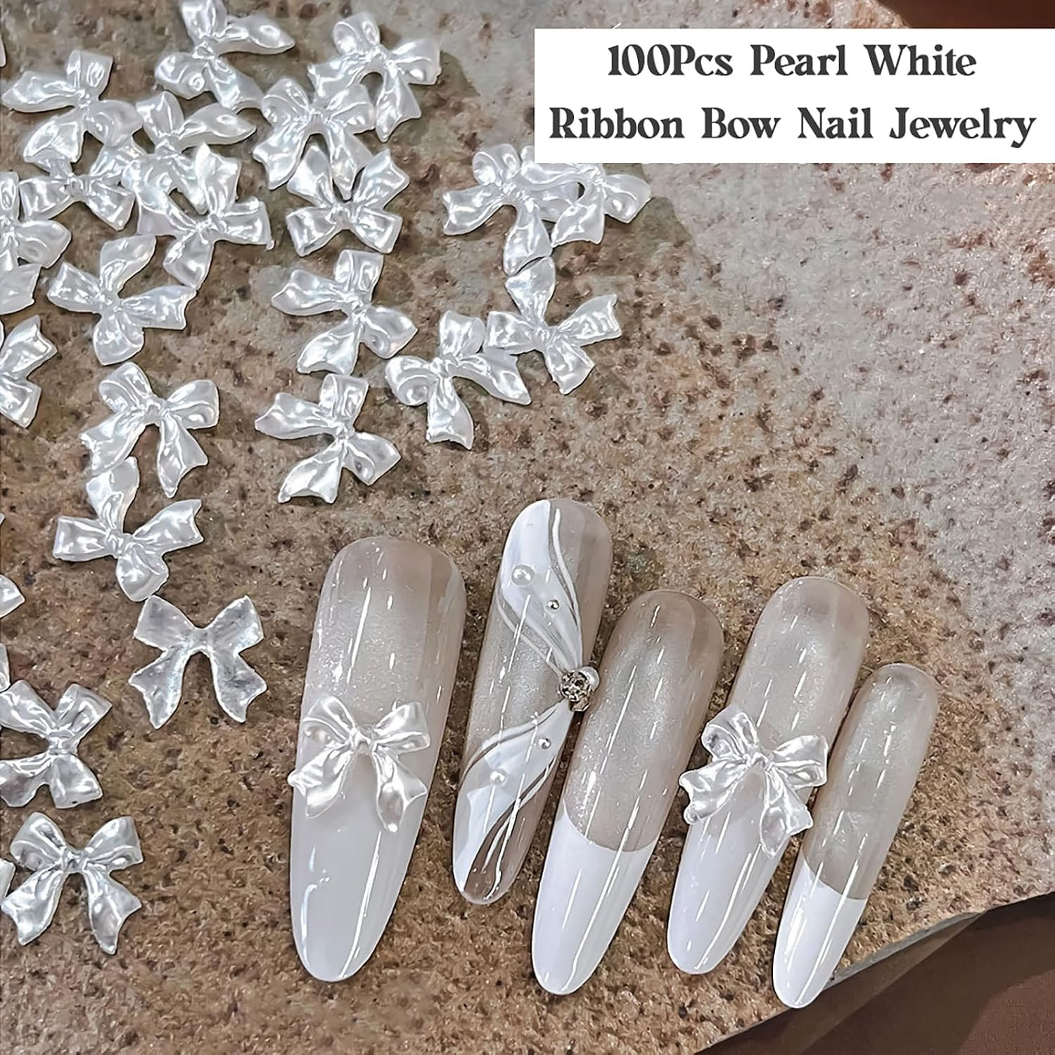 Pearly White 3D Bow Nail Charms, 100 Pieces Resin Bowknot Nail Art Decorations,