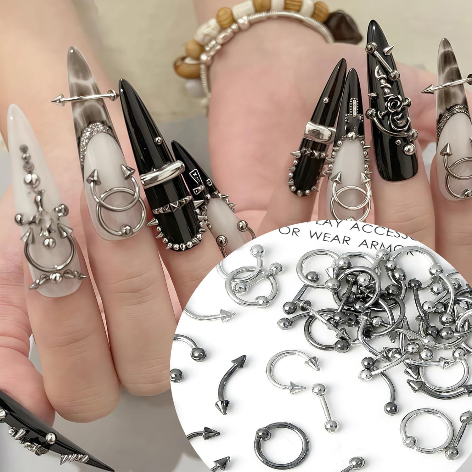 60Pcs Punk Gothic Nail Charms, 3D Punk Piercing Alloy Curve Arrow Rivet Nail …