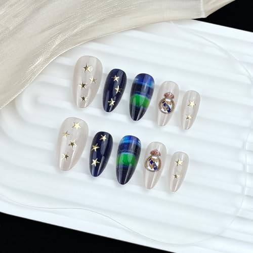24 Pcs Green Blue Ombre Press On Nails – Cat Eye – Medium Almond Fake Nails