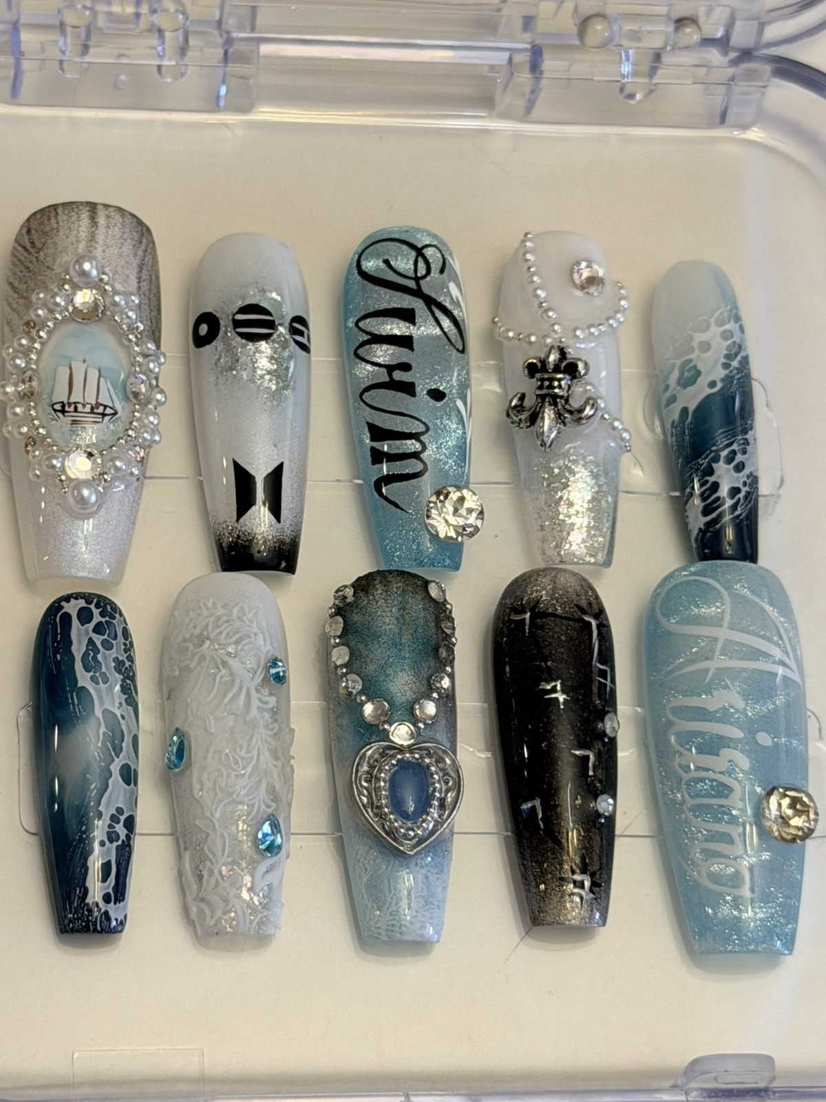 Handmade unique BTS Arirang SWIM blue theme Press On Nails JK V Suga rm jhope w