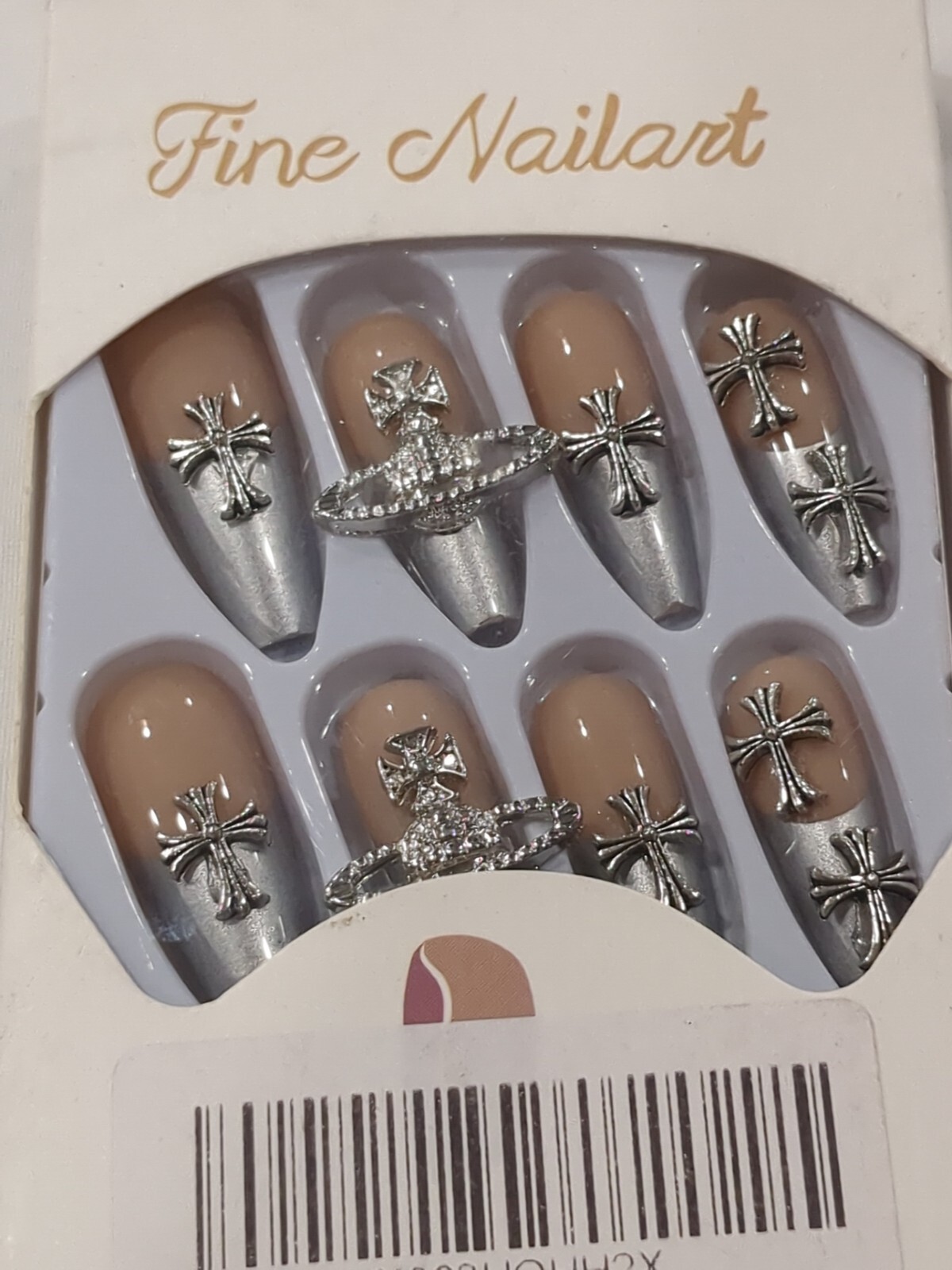Fine Nail Art 24 Pc Long Silver Tip Coffin Nails With Cross Art- New
