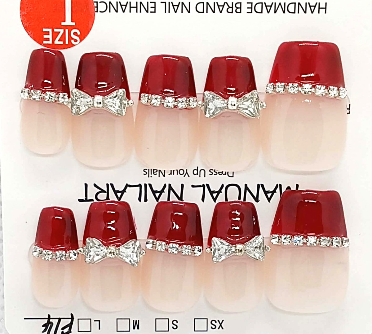 Handmade press on nails med. square-size L Valentine Red enamel/Rhinestone bows