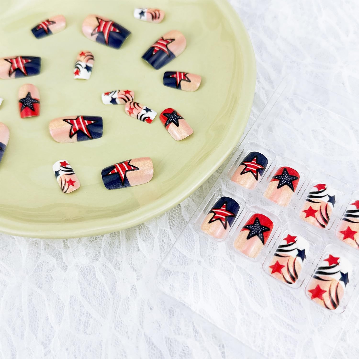 24pcs 4th of July Press on Nails Short Square Blue Red French Tip Fake Nails …