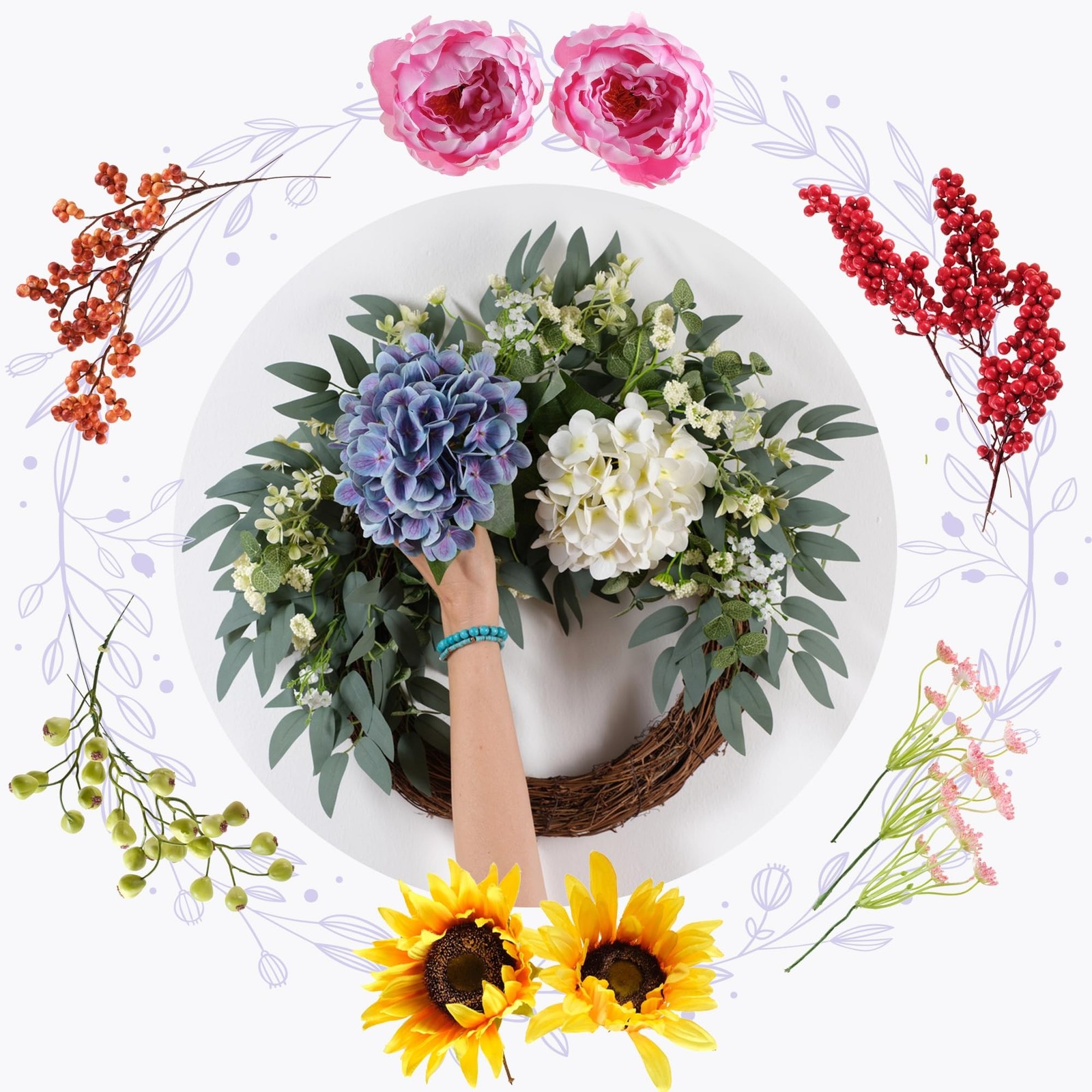 4 in1 All-Season Interchangeable Grapevine Wreath, DIY Kit with Silk Flowers,…