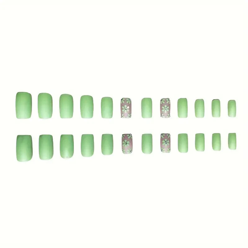 24pcs/set Summer Press On Nails Medium Square Fake Nail Art Green Solid Color