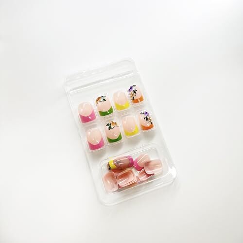 French Tip Press on Nails Short Square Fake Nails with Flower Designs s17