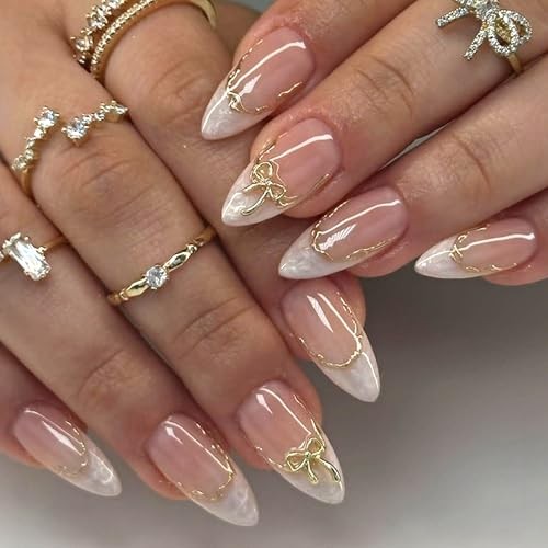 Almond Medium Artificial Acrylic Fingernails – 3D French Tip Press