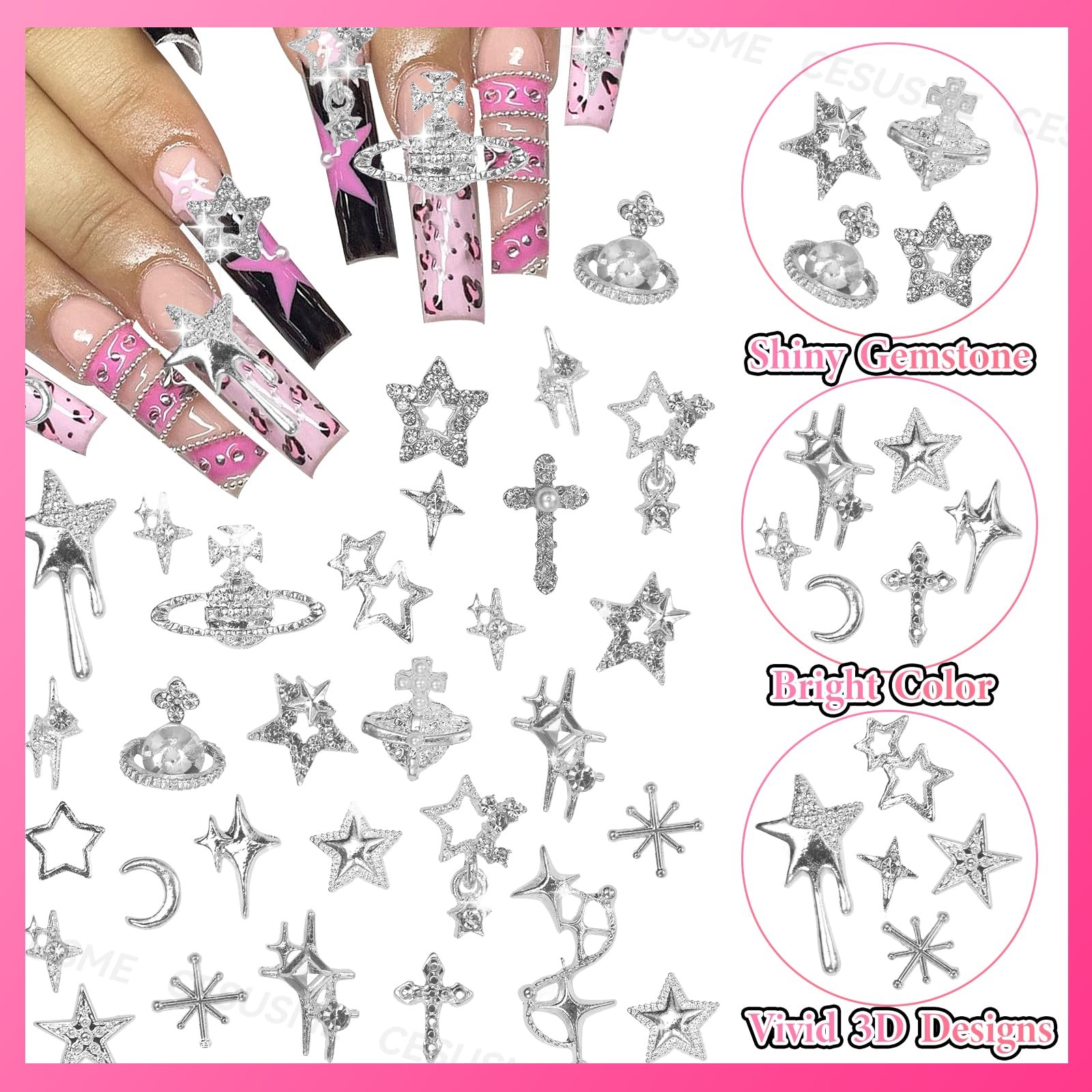 130 Pcs 3D Silver Star Cross Alloy Nail Charms, 21 Styles Y2K Metal Star Moon…