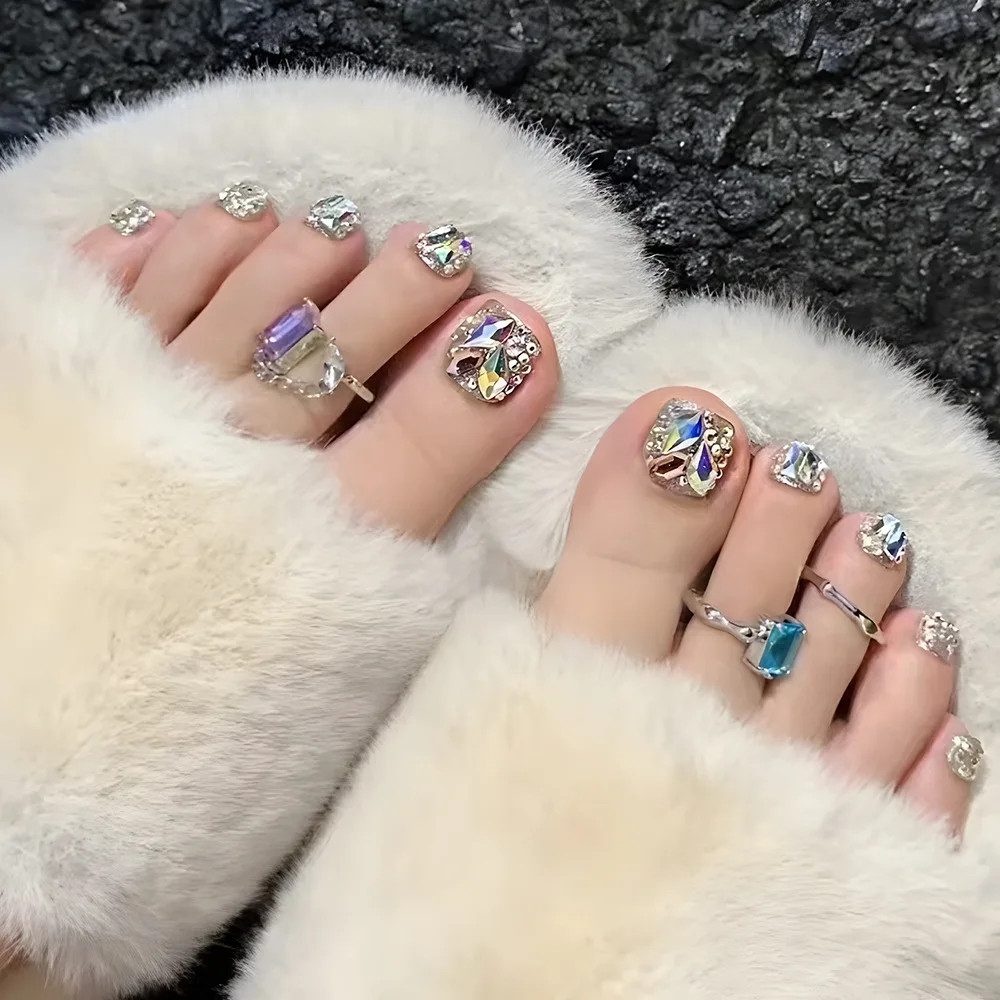 24pcs Glitter Crystal False Toenails Rhinestone Full Cover Fake Toe Nails