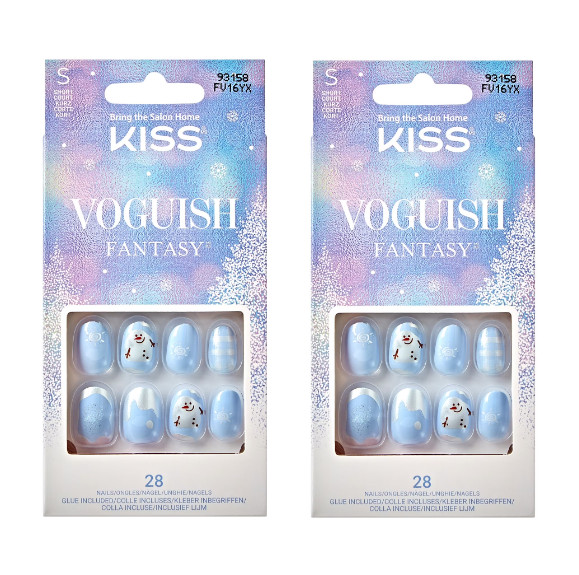 TWO PACK Kiss Voguish Fantasy Holiday Manicure Glue-On Nails Blue Snowman Snow