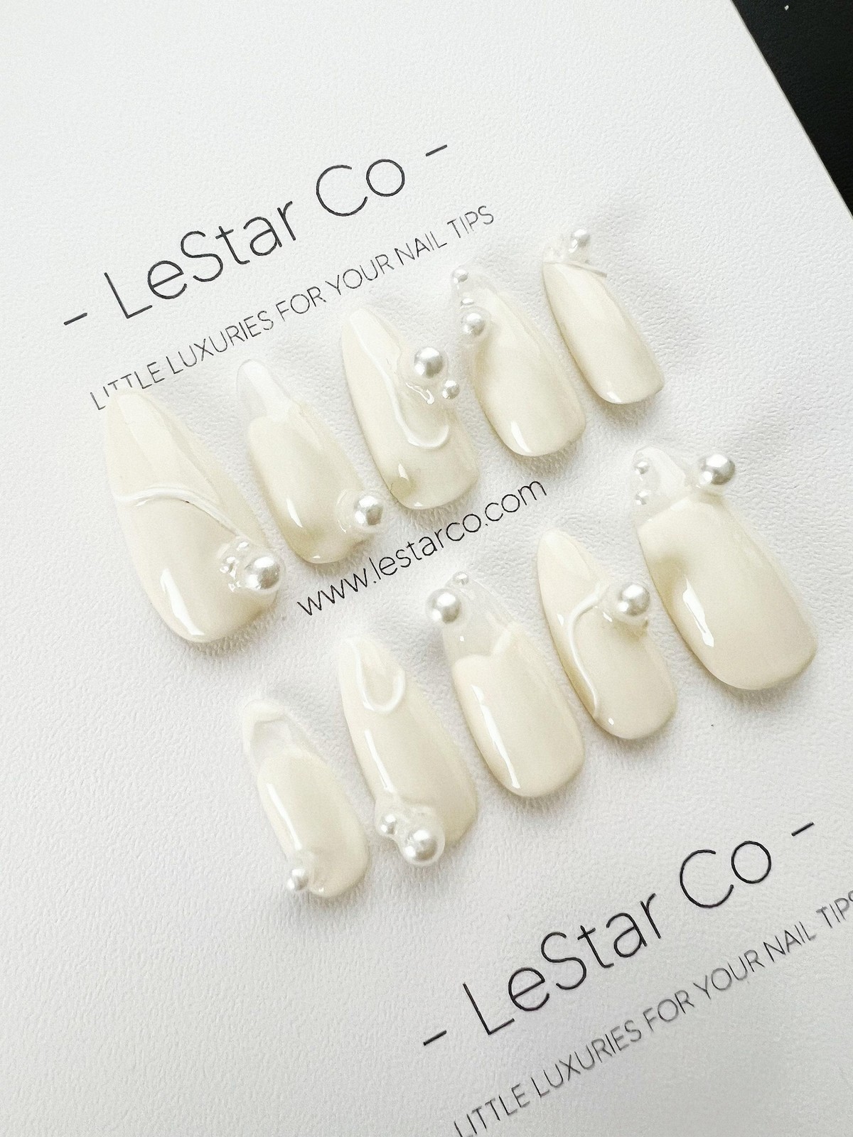 Handmade Cream White 3D Curve Line Pearl Long Almond Press on Nails Set