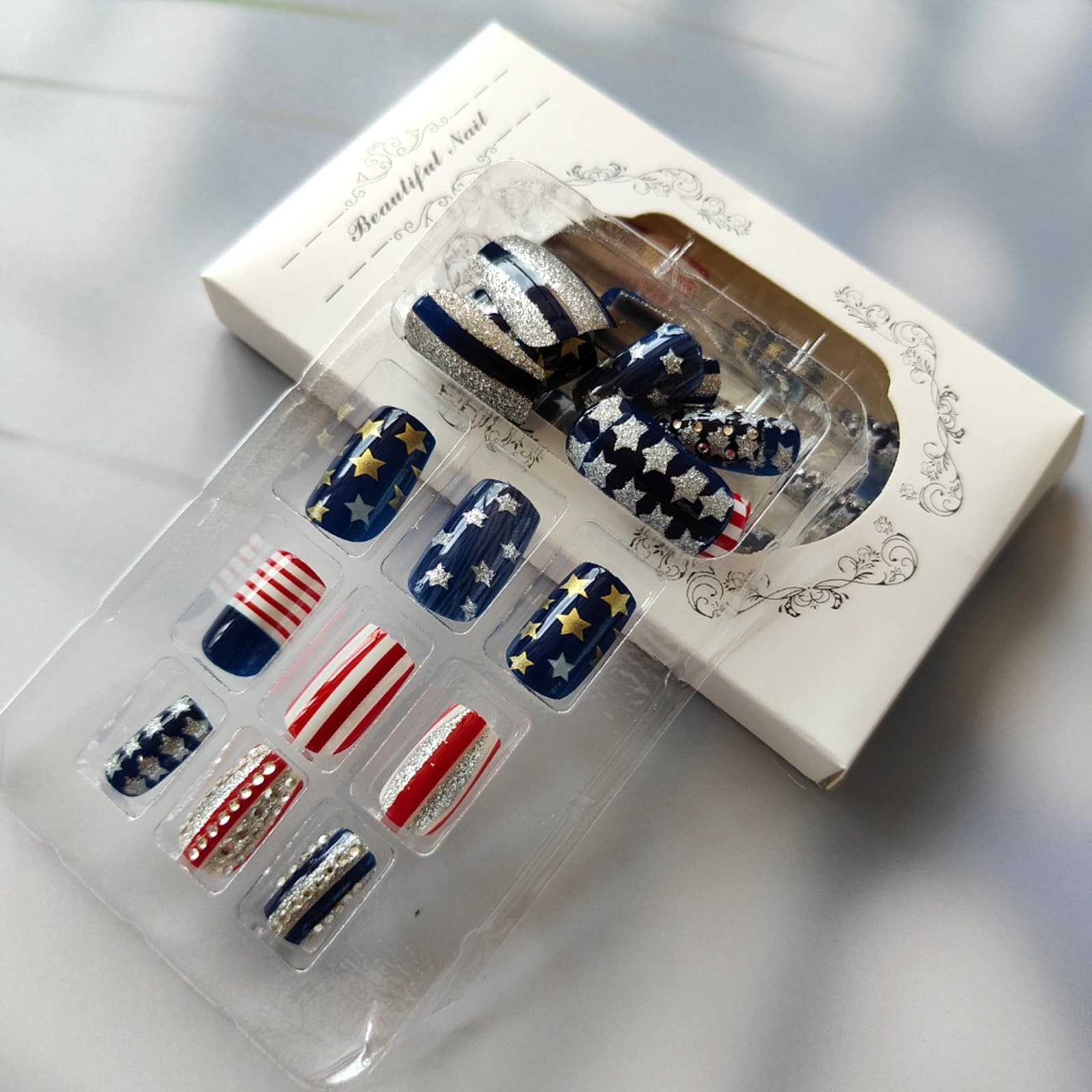 24Pcs Royal Blue Press on Nails Independence Day Medium Square Multicolor