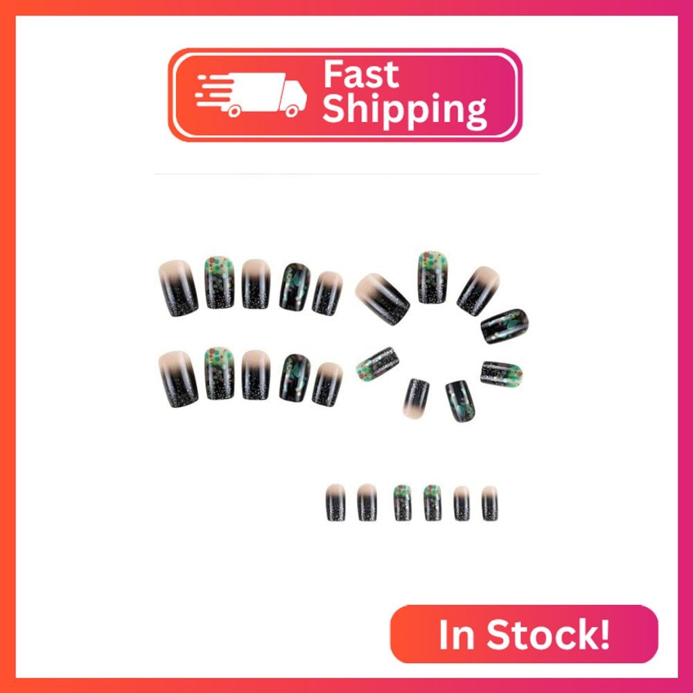 Square Press on Nails Medium Fake Nails with Glitter Green Stripes Designs Black