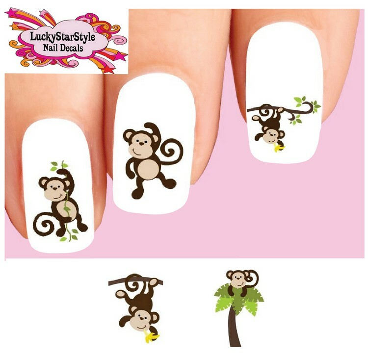 Waterslide Nail Decals Set of 20 – Cute Monkey with Banana & Palm Tree Assorted