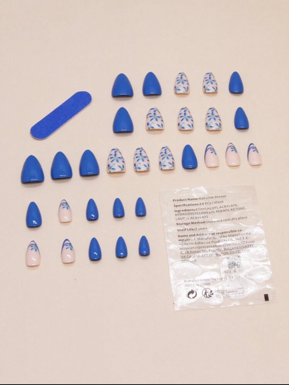 Blue Floral Press-On Nails Medium Almond Full Cover Fake Nails Set