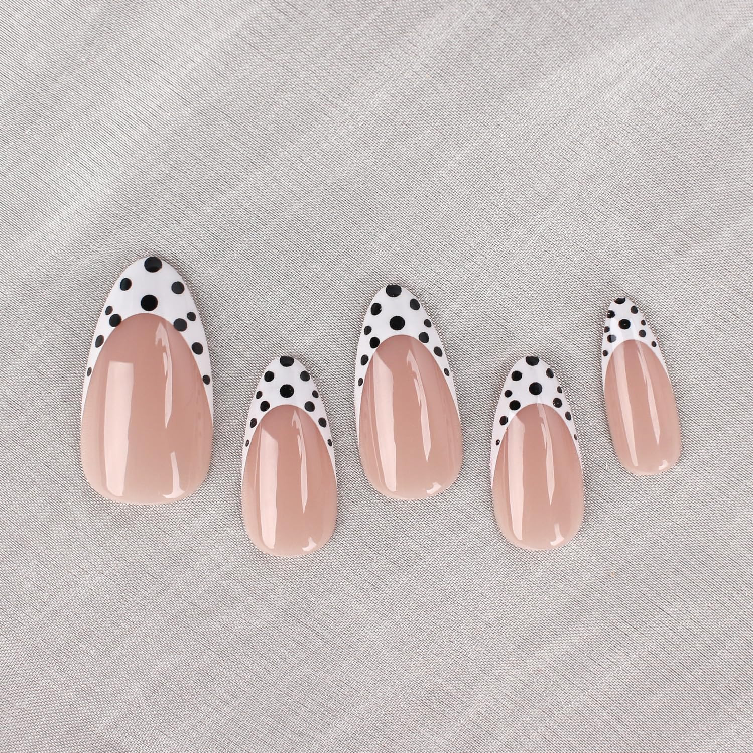 Press on Nails Almond Medium – Nude Pink French Tips with Black & White Polka Do