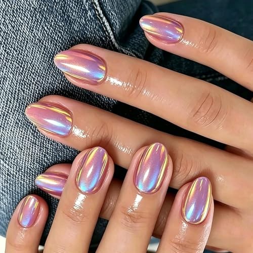 Chrome Press On Nails Short Oval, 32 Pcs Glazed Hot Pink Fake Nails hot pink