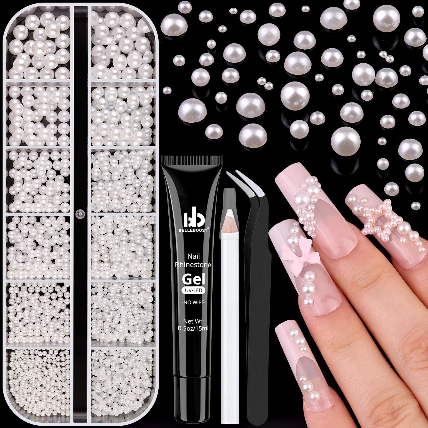8000Pcs Nail Pearls and Colorful Rhinestones for Nail Art, White Pearl Nail Char