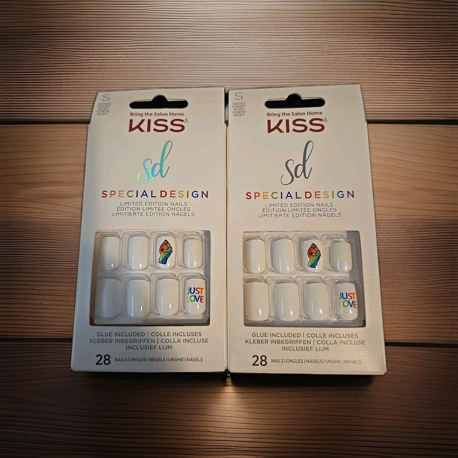 2x NEW KISS SHINY WHITE GLUE-ON SHORT PRIDE NAILS JUST LOVE RAINBOW COLORS