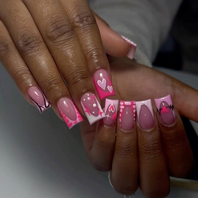 Lovely Pink Heart Designs Press on Nail Medium Square Nail for Fashion Women