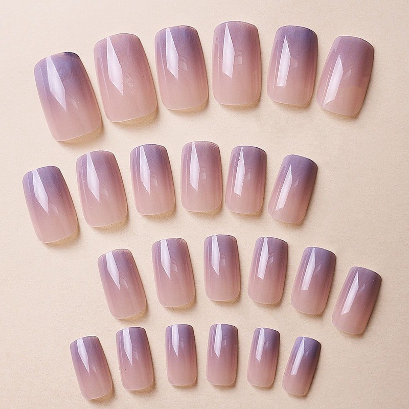 48Pcs-Long Square Pink Purple Gradient White Line Art Fake Press on Nails Set