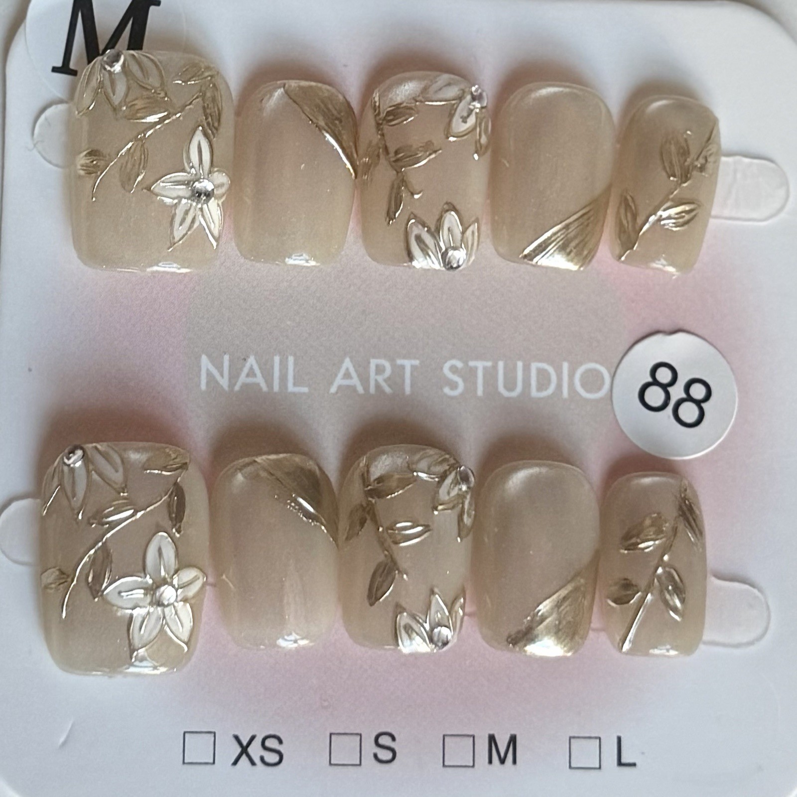Handmade Pink Cloisonné Press-On Nails Short Square Size M Reusable Fake Nails