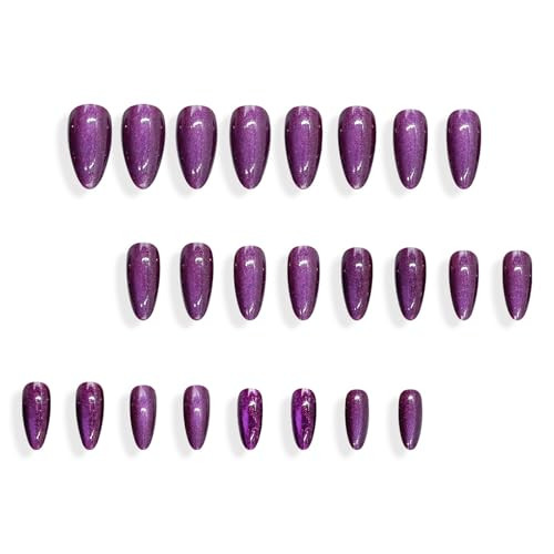 Purple Press on Nails Medium Almond Fake Nails Cat Eye R-06Purple Cat Eye