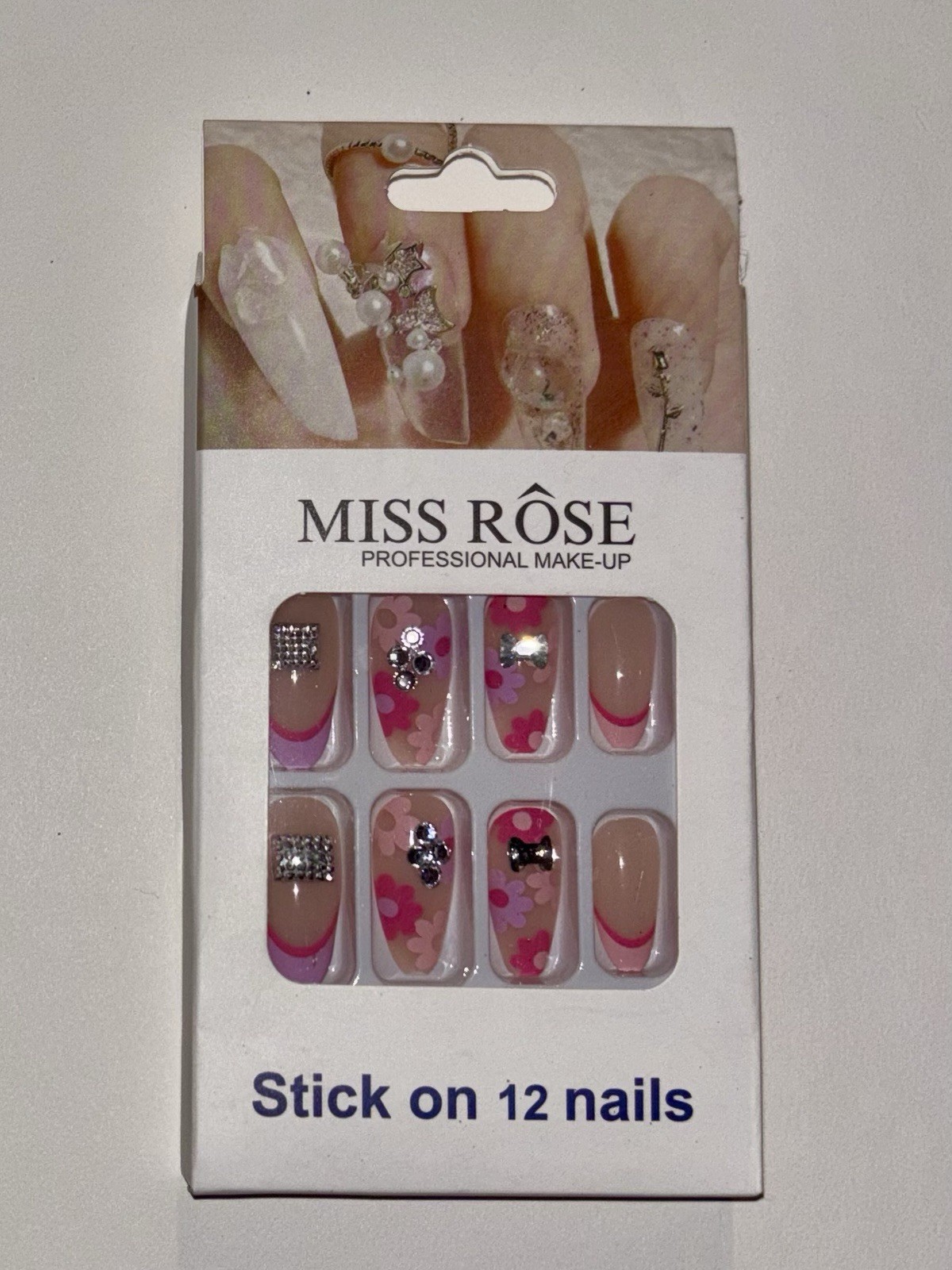 Miss Rose 3D Gems & Pink Flowers/Accents Design Press-On Nails