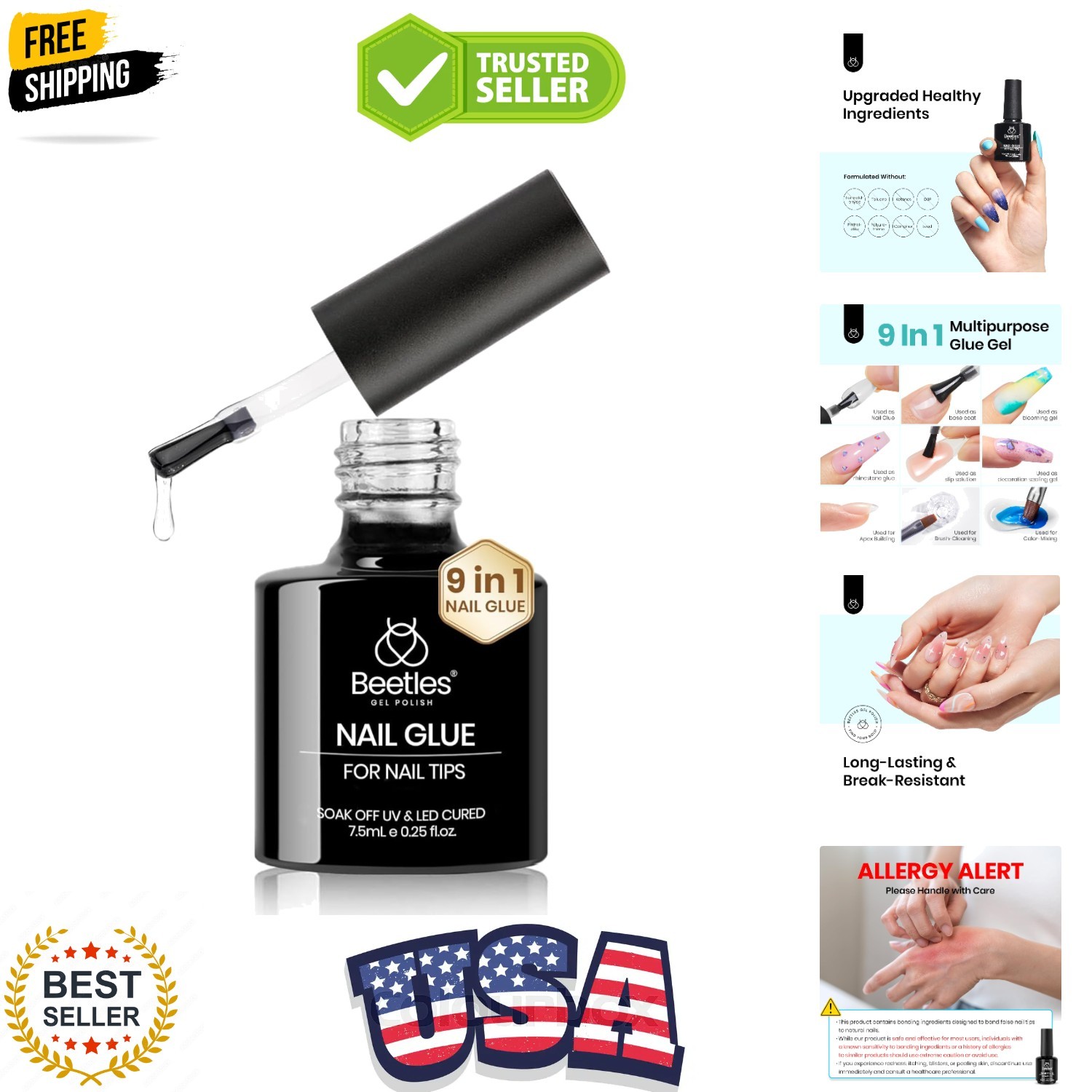 Beetles 9 in 1 Nail Glue Gel for Nail Tips and Clear Acrylic Nails Long Lasti…