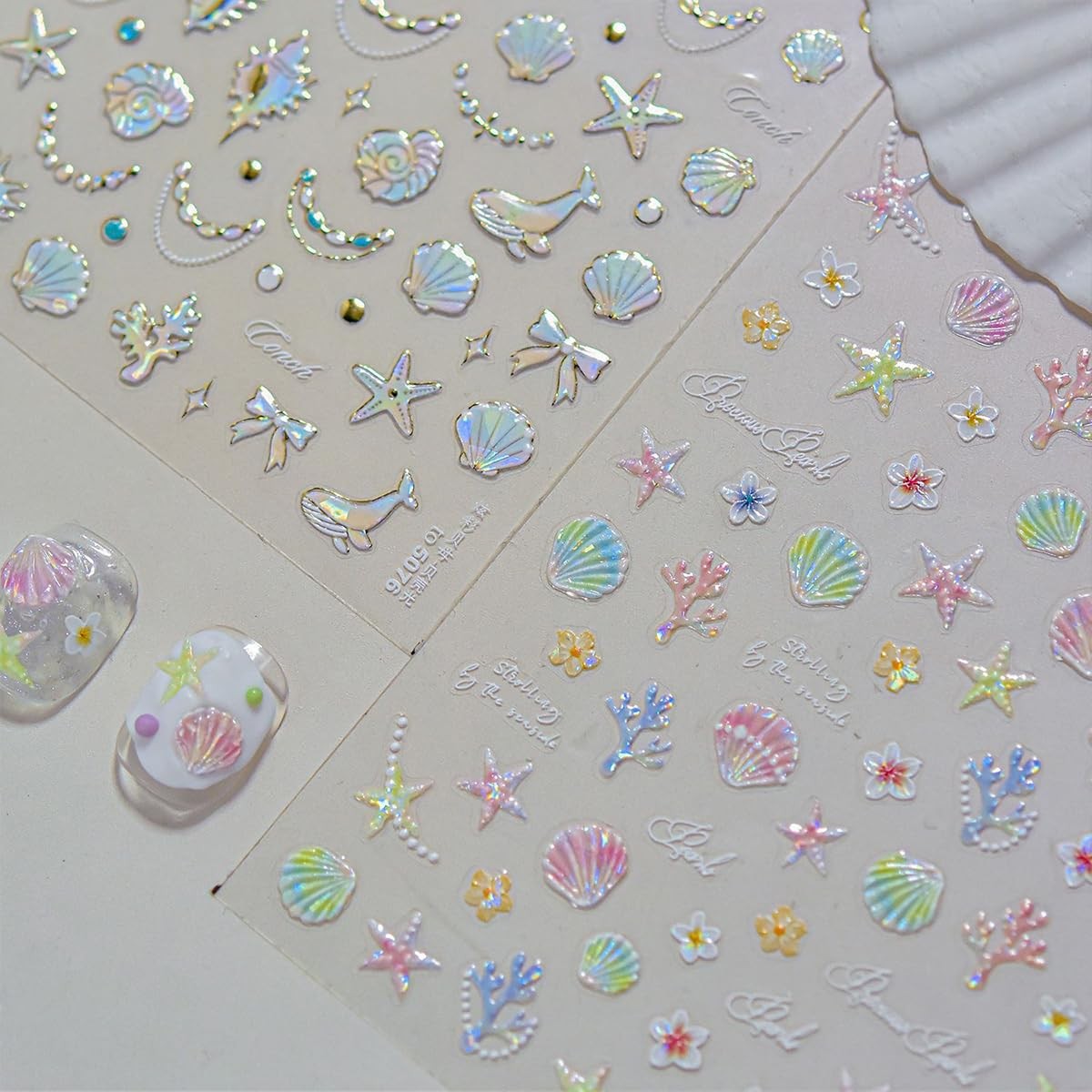 Summer Nail Art Stickers Shell Starfish Nail Decals 5D Embossed Shiny Mermaid…