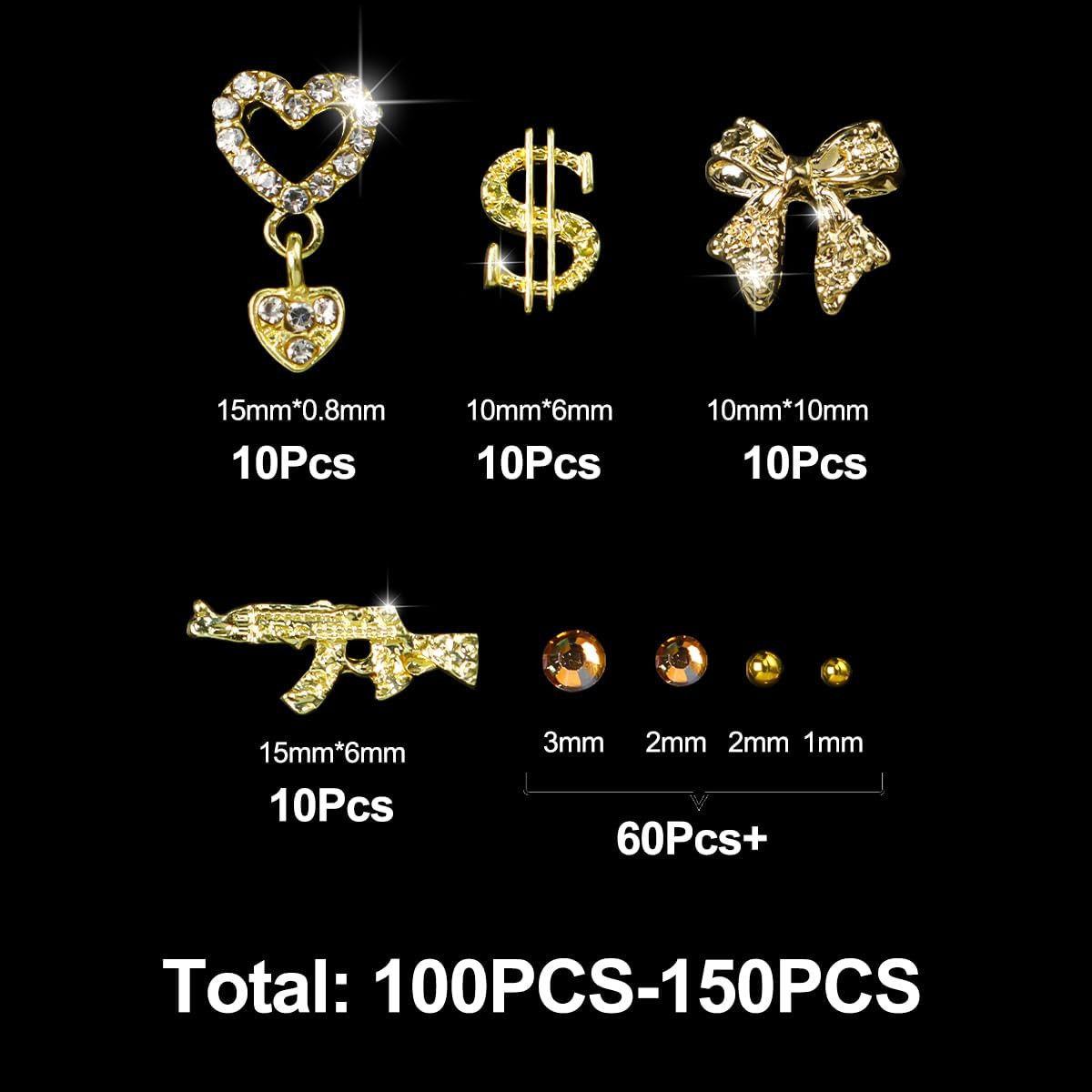 Gold Nail Charms and Gems Set – 100 Pcs 3D Rhinestones for Nail Art Design