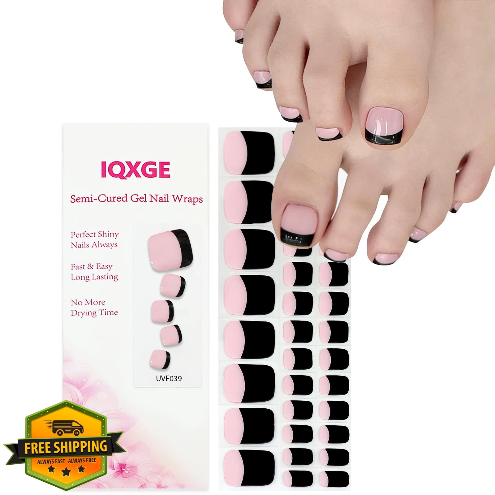 IQXGE 34 Pcs Semi Cured Gel Toe Nail Strips Black French Tip Gel Nail Sticker…