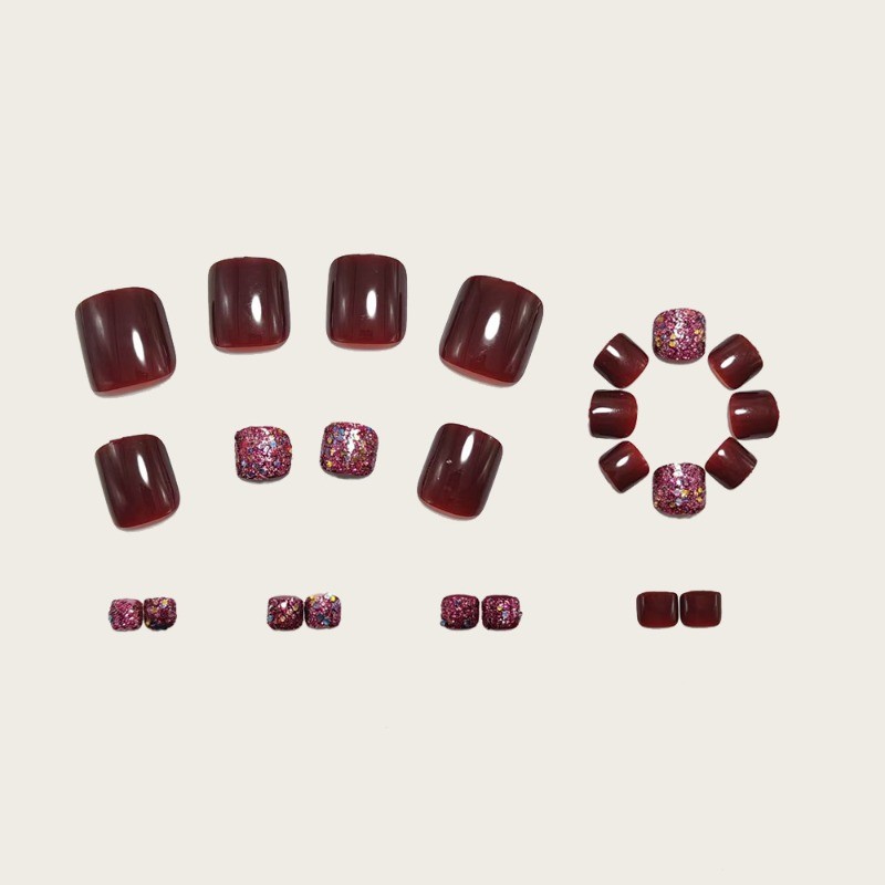 48pcs-Plum Purple Nails, Press on Toenails with Sparkly Pink Glitter Details