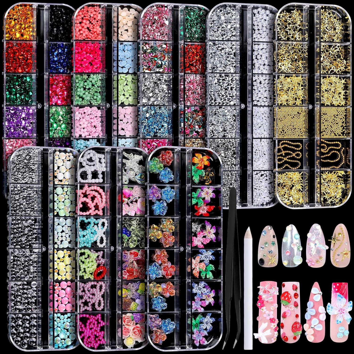8-Box Nail Charms Set, 3D Flowers, Fruit Gems, Pearls & Rhinestones DIY Kit
