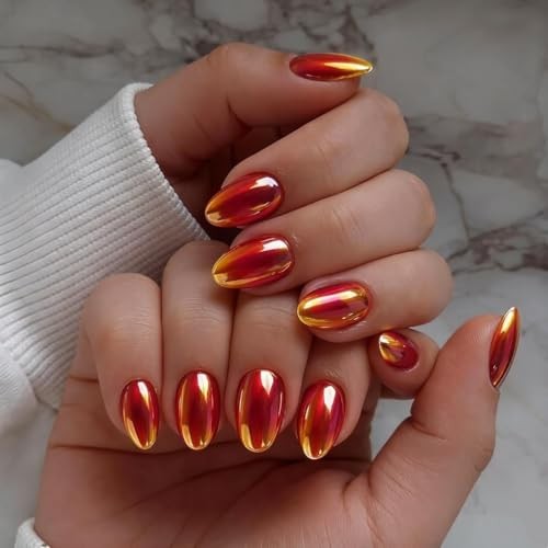 Bright Red Chrome Press On Nails Short, Shiny Cat Eye Extra Short orange red