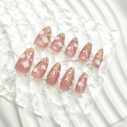 30Pcs 3D Flower Press on Nails Almond Medium Chrome Rhinestones Glitter Designs