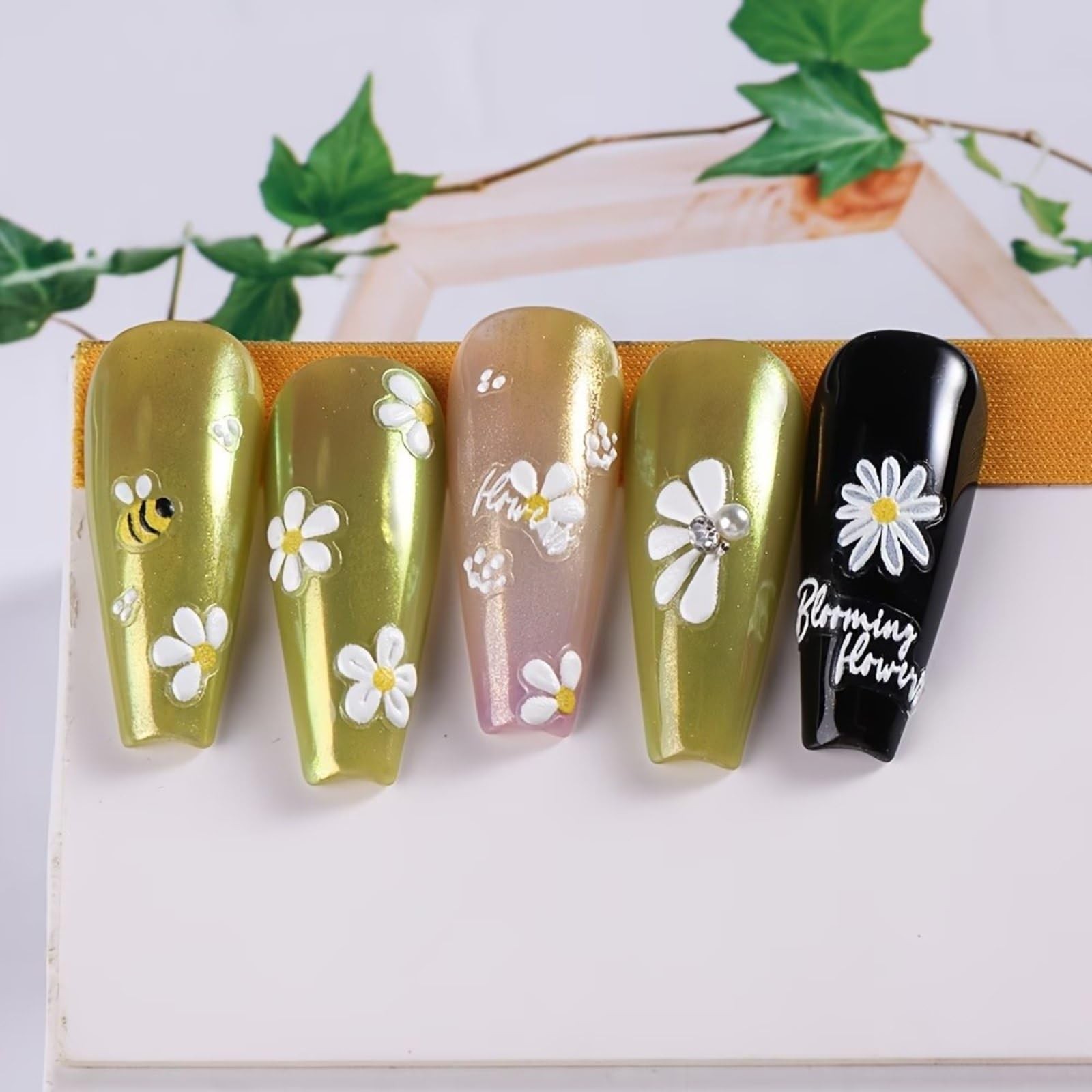 2 Sheets Spring Nail Art Stickers Decals Bee Flower Nail Decals 5D Embossed I…