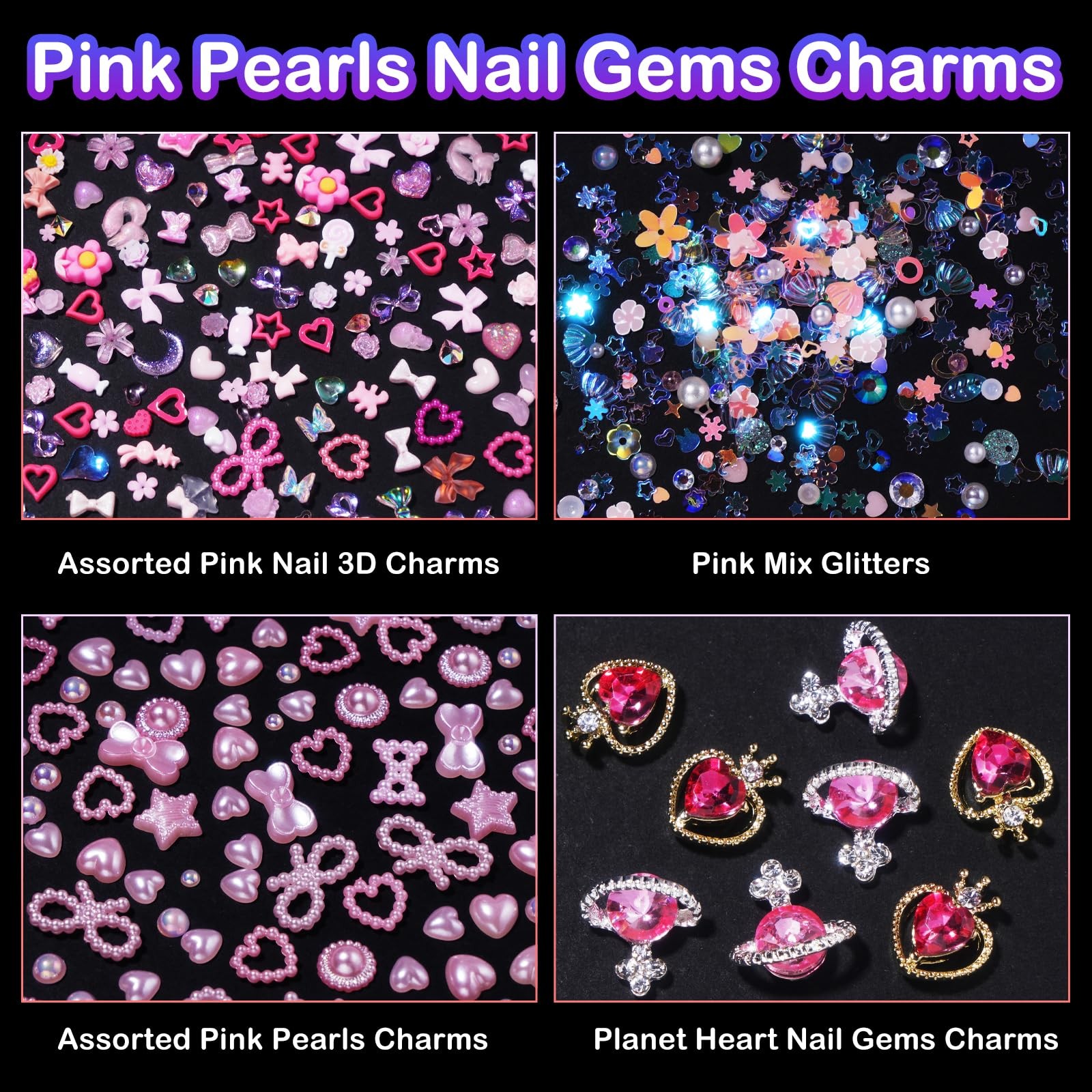 3D Pink Color Assorted Pearls Gems Nail Charms Heart Butterfly Bow Bear Nail …