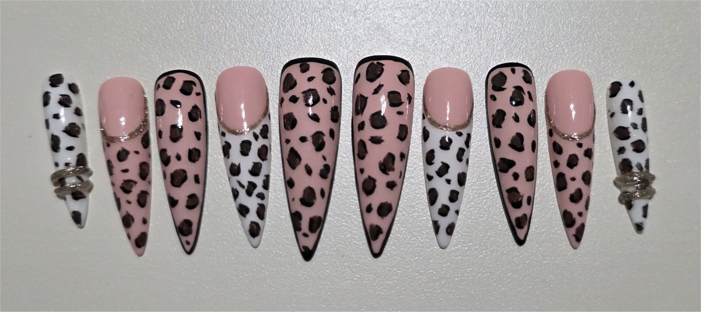10 Pcs Press On Nails Custom Gel Pink Nude Leopard Print Full Set Long Nail +Kit